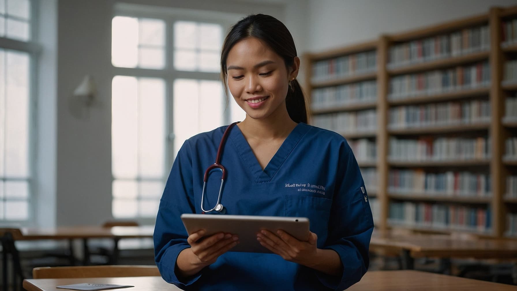 Professional Filipino nurse studying for PNLE exam